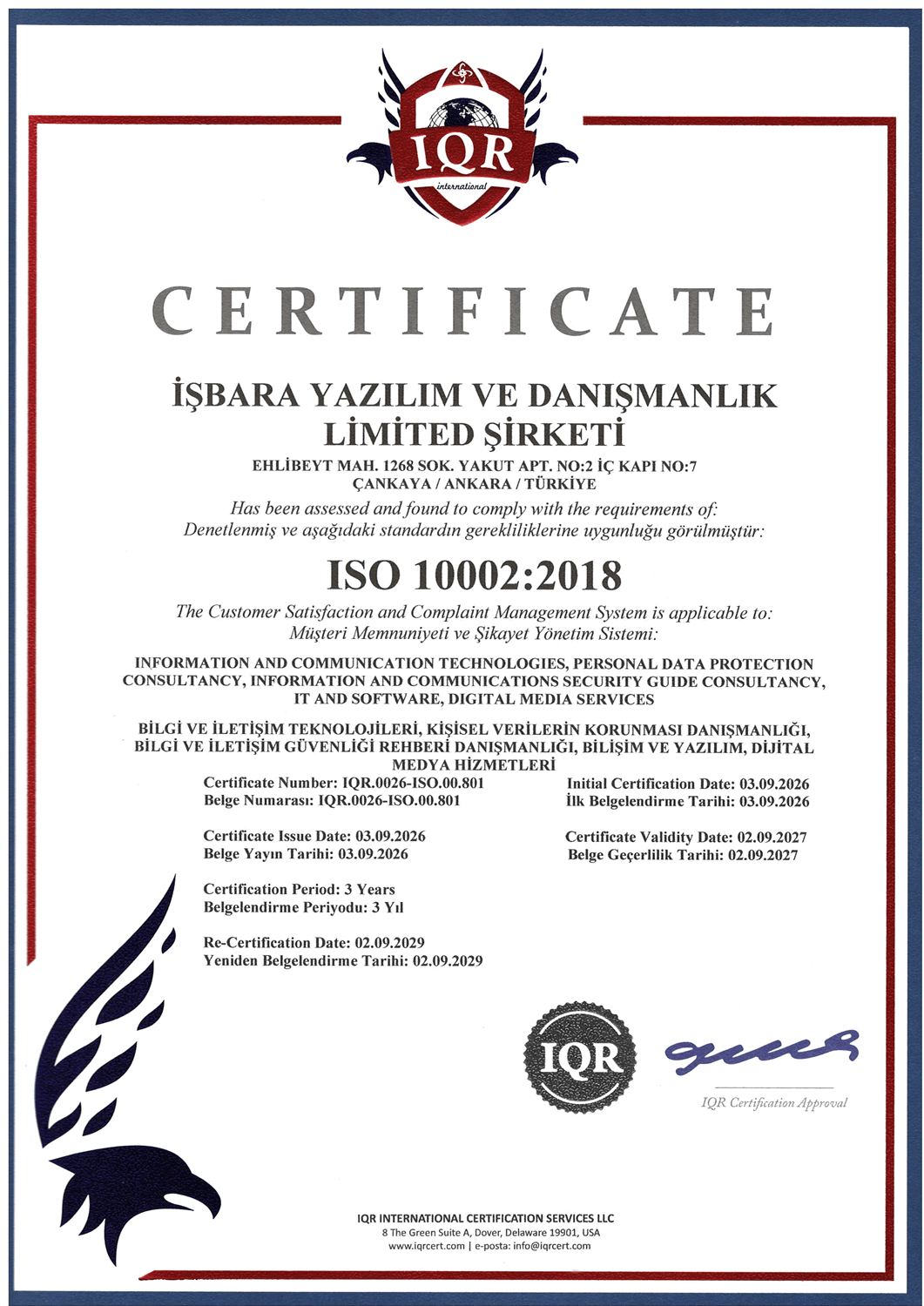 İşbara Bilgi Teknolojileri ISO 10002 Belgesi