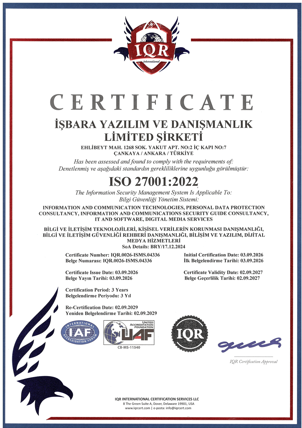İşbara Bilgi Teknolojileri ISO 27001 Belgesi