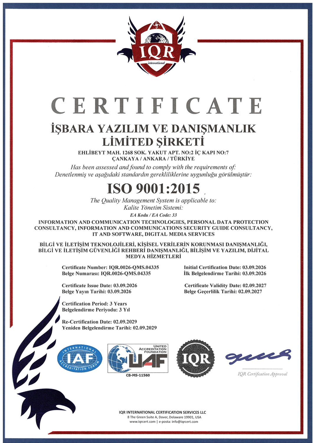 İşbara Bilgi Teknolojileri ISO 9001 Belgesi